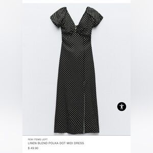 Zara linen black and white polka dot midi dress